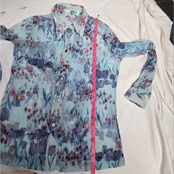 VINTAGE 70s sheer floral disco pointed collar button up top blouse deadstock S - Picture 10 of 10